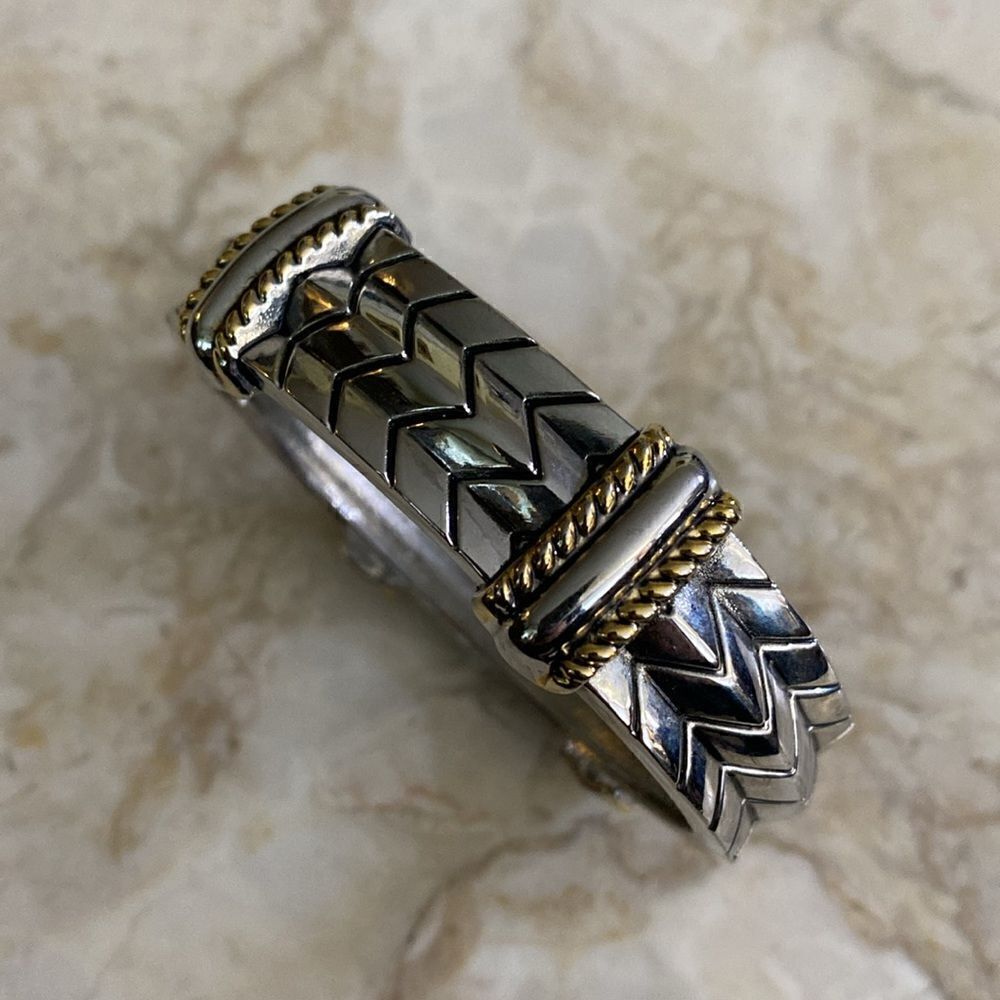 NWOT Two-Tone Silver/Gold & Rhinestone Spring Hinge Cuff Bracelet - Picture 5 of 12